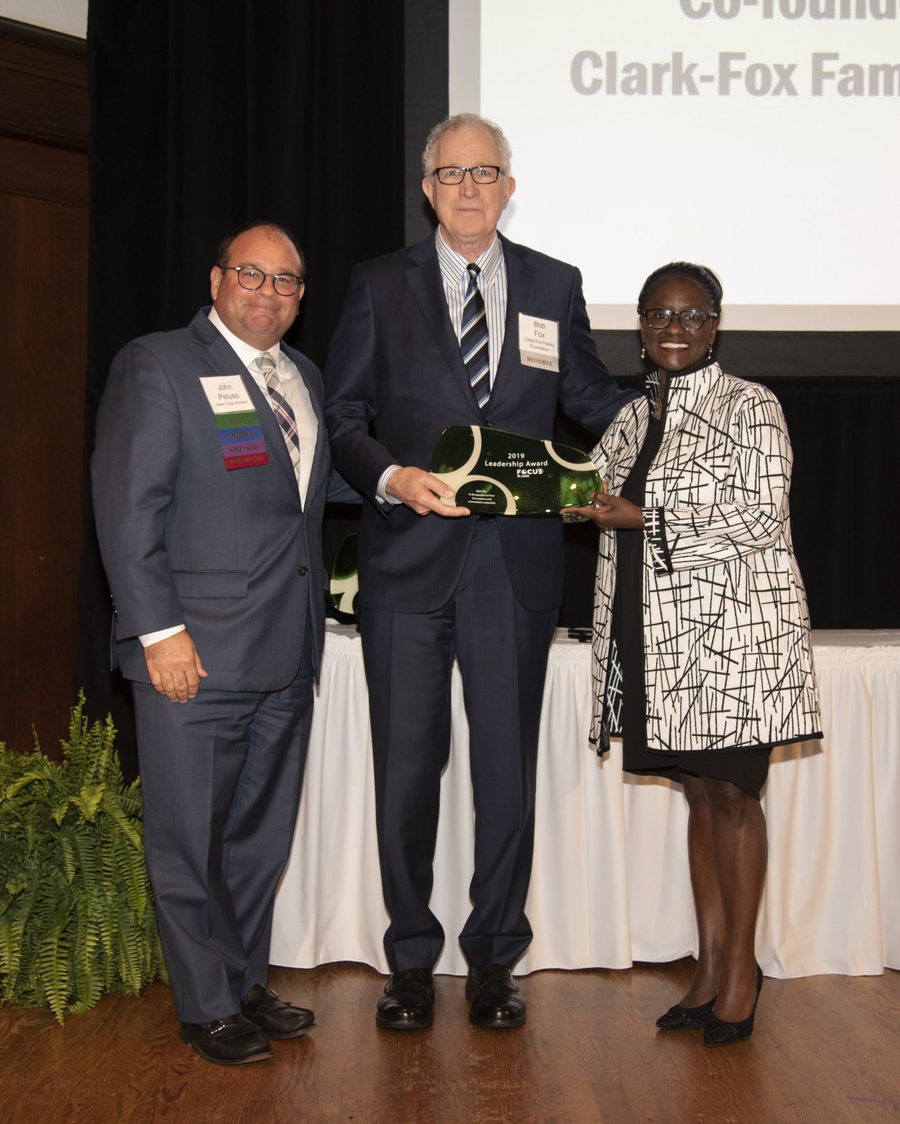 John Peluso, Bob Clark FOCUS St. Louis 2019 Leadership Award Honoree, and Yemi Akanda-Bartsch, Ph.D.